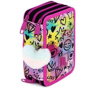 Trousse Scolaire Fille 3 Compartiments Garnie - 46 Pièces Kit Papeterie avec Stylos Effaçables, Feutres Giotto - Motif Shiny Mood avec Pompon Cœur pour École Primaire (6-11 Ans)