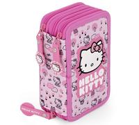 Trousse Scolaire Fille 3 Compartiments Garnie pour Fans de Hello Kitty - 46 Pièces Kit Papeterie avec Stylos Effaçables, Feutres Giotto - pour École Primaire, 6-12 Ans