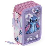 Trousse Scolaire Fille 3 Compartiments Garnie pour Fans de Stitch - 46 Pièces Kit Papeterie 6-12 Ans avec Stylos Effaçables, Feutres - pour École Primaire