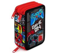 Trousse Scolaire Garçon 3 Compartiments Garnie - 46 Pièces Kit Papeterie avec Stylos Effaçables, Feutres Giotto - Motif Gamer Jeux Vidéo pour École Primaire (6-11 Ans)