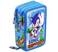 Trousse Scolaire Garçon 3 Compartiments Garnie - 46 Pièces Kit Papeterie avec Stylos Effaçables, Feutres Giotto - pour Sonic Fan pour École Primaire