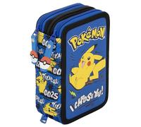 Trousse Scolaire Garçon 3 Compartiments Garnie pour Fans de Pokémon - 46 Pièces Kit Papeterie 6-12 Ans avec Stylos Effaçables, Feutres Giotto - Trousse pour École Primaire