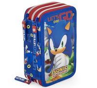 Trousse Scolaire Garçon 3 Compartiments Garnie pour Fans de Sonic - 46 Pièces Kit Papeterie 6-12 Ans avec Stylos Effaçables, Feutres - pour École Primaire