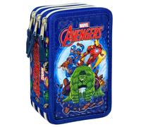 Trousse Scolaire Garnie 3 Compartiments Garçon Motif Avengers 3D - Kit Fournitures Scolaires Complet 44 Pièces avec Feutres Giotto - Trousse Triple École Primaire (6-10 Ans)