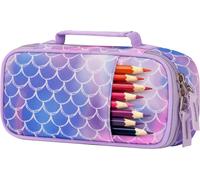 Trousse Scolaire Grande Capacité 2 Compartiments-Plumier Organisateur Pour Fille Et Garçon-Étui À Crayons Double Compartiment Fournitures Scolaires,Écaille-Bleu-Violet
