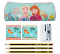 Trousse scolaire La Reine des Neiges Elsa et Anna Enchanted Spirits 23 x 8 cm Cylindre un compartiment | Produit officiel + 2 gommes, 3 crayons en graphite et 1 taille-crayon en aluminium, bleu,