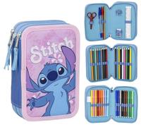 Trousse scolaire pour enfant Stitch - Couleur rose - Fermeture éclair - 12,5 x 6,5 x 19,5 cm - Triple compartiment - Avec accessoires - Produit original conçu en Espagne, rose, Trousse fourre-tout