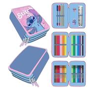 Trousse scolaire pour enfant Stitch - Couleur rose - Fermeture éclair - 12,5 x 6,5 x 19,5 cm - Triple compartiment - Avec accessoires - Produit original conçu en Espagne, rose, Trousse fourre-tout
