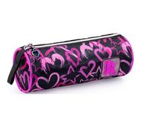 Trousse Scolaire Ronde Pour Enfant-Étui Rose Fluo 21x8 Cm Avec Fermeture Éclair-Cadeau Pour Fille-École Primaire (Cp À 6e)- Coeurs Et Étoiles