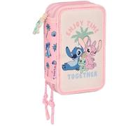 STITCH BEACH - Trousse scolaire avec 37 outils inclus, trousse pour enfant, idéale pour les enfants de 5 à 14 ans, confortable et polyvalente, qualité et résistance, 12,5 x 5,5 x 19,5 cm, rose pastel,