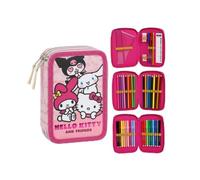 Trousse Triple Hello Kitty pour Fille Taille Unique - Trousse Scolaire Rose avec Accessoires, 3 Compartiments avec Fermeture éclair, Set Papeterie Retour à l'école Licence Officielle