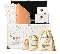 Trousseau/coffret enfant décoratif pour souvenirs avec coffre, 2 coffrets, 3 pochons, 3 pochettes cartonnées et album photos de classe (Blés - beige/ocre)