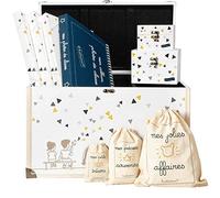 Trousseau/coffret enfant décoratif pour souvenirs avec coffre, 2 coffrets, 3 pochons, 3 pochettes cartonnées et album photos de classe (Triangles - jaune/gris/noir)