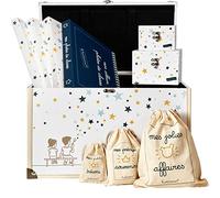 Trousseau/coffret enfant décoratif pour souvenirs avec coffre, 2 coffrets, 3 pochons, 3 pochettes cartonnées et album photos de classe (Etoiles - jaune/bleu)