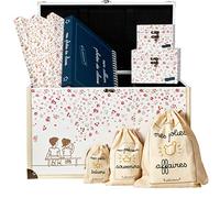 Trousseau/coffret enfant décoratif pour souvenirs avec coffre, 2 coffrets, 3 pochons, 3 pochettes cartonnées et album photos de classe (Fleurs - rose/vert)