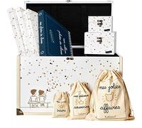 Trousseau/coffret enfant décoratif pour souvenirs avec coffre, 2 coffrets, 3 pochons, 3 pochettes cartonnées et album photos de classe (Pois - rose/gris/doré)