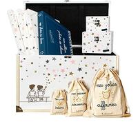 Trousseau/coffret enfant décoratif pour souvenirs avec coffre, 2 coffrets, 3 pochons, 3 pochettes cartonnées et album photos de classe (Etoiles - rose/vert/camel)