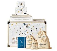 Trousseau/Coffret pour souvenirs de naissance avec coffre à souvenirs, pochons, album photo, boite à souvenirs, journal de bébé... (Etoiles - jaune/bleu)