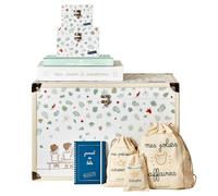 Trousseau/Coffret pour souvenirs de naissance avec coffre à souvenirs, pochons, album photo, boite à souvenirs, journal de bébé... (Forêt et renards - vert/rouille)