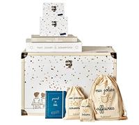 Trousseau/Coffret pour souvenirs de naissance avec coffre à souvenirs, pochons, album photo, boite à souvenirs, journal de bébé... (Pois - rose/gris/doré)