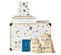 Trousseau/Coffret pour souvenirs de naissance avec coffre à souvenirs, pochons, album photo, boite à souvenirs, journal de bébé... (Triangles - jaune/gris/noir)