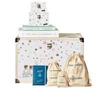 Trousseau/Coffret pour souvenirs de naissance avec coffre à souvenirs, pochons, album photo, boite à souvenirs, journal de bébé... (Etoiles - rose/vert/camel)