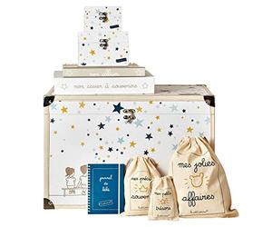 Trousseau/Coffret pour souvenirs de naissance avec coffre à souvenirs, pochons, album photo, boite à souvenirs, journal de bébé... (Etoiles - jaune/bleu)