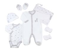 KINOUSSES - Kit Naissance 6 Pièces - 1 mois - Velours Blanc - Motif Girafe - (Pyjama, Body, Bonnet, Moufles, Chaussons et Pochon de Rangement) - Cadeau Bébé Mixte Garçon et Fille
