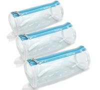 Trousses Rondes Transparentes 21cm x Diam 8 cm Turquoise - Lot de 3 | Fourre -Tout PVC Transparent, Fermeture Zippée, Scolaire, Maquillage, Cosmétique, Kit Hygiène, Emballage Réutilisable