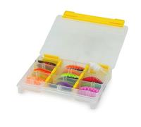 Trout Master Master Worm Boîte de 32 leurres pour truite dans une boîte TBX Tackle Box, choix de couleurs, arôme d'ail, accessoires de pêche, leurres pour truite, poisson en caoutchouc, leurre de