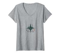 Trouver Trail : Logo de Boussole d'aventure Sauvage T-Shirt avec Col en V, Femme, Gris Chiné, XXL