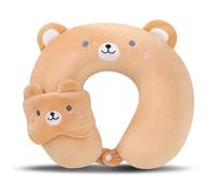 TROYSINC Coussin de voyage pour avion, avec masque pour les yeux, coussin de nuque, appui-tête, coussin de sommeil pour enfants et adultes, pour la maison et le bureau (ours marron)