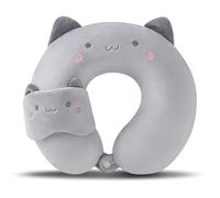 TROYSINC Coussin de voyage pour avion avec masque pour les yeux, coussin de nuque, appui-tête, coussin de sommeil pour enfants et adultes, pour la maison et le bureau, motif chat gris