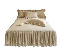 TRQQWEQQ 3 Pièces Jupe De Lit À Volants Coton Lavé Roi Taille Enveloppante Parure De Lit 42cm Couvre-lit Matelassé en Coton Literie Et Taies d'oreiller(Khaki,Super King/200 * 220)