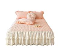 TRQQWEQQ 59×79in Fibres Synthétiques Jupe De Lit À Volants Et Cantonnières 3 Pièces 42cm/16.5in Draps De Lit Dentelle Enveloppante Parure De Lit Literie Et Taies d'oreiller(Pink,King XL-180 * 220)