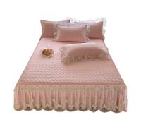 TRQQWEQQ Roi Coton Jupe De Lit À Feuilles De Volants Froncées 3 Pièces 45cm/17.7in Matelassé Dessus De Lits Enveloppante Parure De Lit avec en Dentelle pour Toutes Les Saisons(Pink A,Queen-150 * 200)