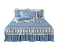 TRQQWEQQ Roi Taille Coton Lavé Jupe De Lit De Volants Froncées 3 Pièces 45cm Matelassé Dessus De Lits Et Bandes Élastiques Enveloppante Parure De Lit avec en Dentelle(Blue,Queen/150 * 200)