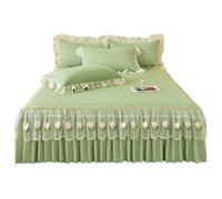 TRQQWEQQ Roi Taille Coton Lavé Jupe De Lit De Volants Froncées 3 Pièces 45cm Matelassé Dessus De Lits Et Bandes Élastiques Enveloppante Parure De Lit avec en Dentelle(Green,Queen/150 * 200)
