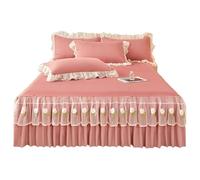 TRQQWEQQ Roi Taille Coton Lavé Jupe De Lit De Volants Froncées 3 Pièces 45cm Matelassé Dessus De Lits Et Bandes Élastiques Enveloppante Parure De Lit avec en Dentelle(Pink,Super King/200 * 220)
