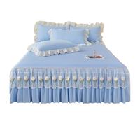 TRQQWEQQ Roi Taille Coton Lavé Jupe De Lit De Volants Froncées 3 Pièces 45cm Matelassé Dessus De Lits Et Bandes Élastiques Enveloppante Parure De Lit avec en Dentelle(Light Blue,Queen/150 * 200)