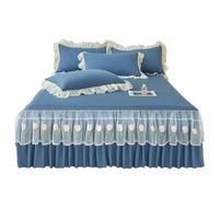 TRQQWEQQ Roi Taille Coton Lavé Jupe De Lit De Volants Froncées 3 Pièces 45cm Matelassé Dessus De Lits Et Bandes Élastiques Enveloppante Parure De Lit avec en Dentelle(Deep Blue,King-XL/180 * 220)