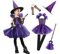 Trrymbbe 5PCS/Set Witch Costume for Girls with Tulle Skirt, Hat, Broom, Gloves and Socks, Halloween Toddler Witch Costum Cosplay Party Dress Up, L
