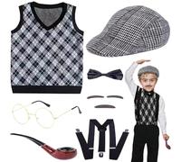 Trrymbbe Costume de vieil homme pour enfants, 100 jours de costumes scolaires pour les enfants, le costume vieil homme comprend un chapeau, des lunettes, un gilet grand-père, une canne, 110 pour