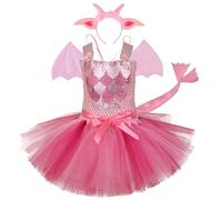 Trrymbbe Toddler Dinosaur Costume, Cute Soft Bowknot Tulle Toddler Halloween Costume Girl with Ear Headband & Tail & Wing for Cosplay Photo Shoot Party Performance, Large