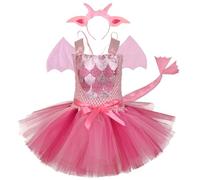 Trrymbbe Toddler Dinosaur Costume, Cute Soft Bowknot Tulle Toddler Halloween Costume Girl with Ear Headband & Tail & Wing for Cosplay Photo Shoot Party Performance, Small