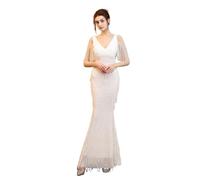TRRYUIP Robe a Frange Robe De Soirée avec Gland Perle FI Queue Conception for Les Femmes Sexy Taille Moyenne Fermeture Éclair SLE Coton Polyester Mélange Longue(White (18135),M)