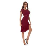 TRRYUIP Robe Danse Latine Femmes Robe de Danse Salon Latine Dentelle Professionnelle Patchwork côtés Robes balançoire Fendues irrégulière Tango Chacha vêtements(A-Burgundy,M)