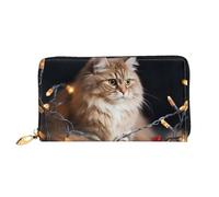 TRSGKSQP Portefeuille en cuir pour femme et homme - Portefeuille à deux volets ultra fin avec porte-cartes de crédit - Motif chat et lumières de Noël