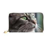 TRSGKSQP Portefeuille en cuir pour femme et homme - Portefeuille ultra fin avec porte-cartes de crédit - Chat gris avec yeux verts - Pochette pour femme