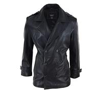 TruClothing Manteau pour Homme en Cuir véritable Longueur 3/4 Veston croisé Style Marine Sherlock - Noir XXL